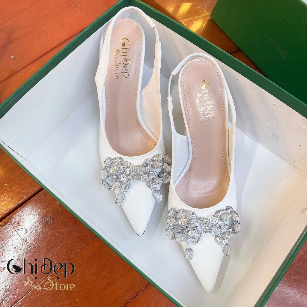 Giày Sandal Hở Gót Bít Mũi Trơn In Vân Nổi 3D ĐÍNH NƠ Gót Nhọn 9cm, Sandal Nữ Cao Gót 9 Phân Mã U61