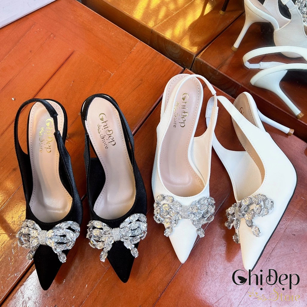 Giày Sandal Hở Gót Bít Mũi Trơn In Vân Nổi 3D ĐÍNH NƠ Gót Nhọn 9cm, Sandal Nữ Cao Gót 9 Phân Mã U61