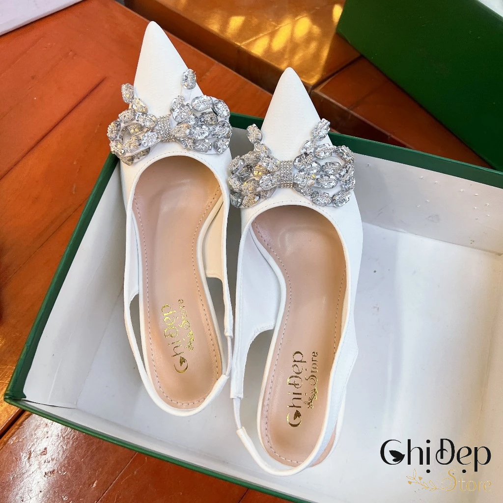 Giày Sandal Hở Gót Bít Mũi Trơn In Vân Nổi 3D ĐÍNH NƠ Gót Nhọn 9cm, Sandal Nữ Cao Gót 9 Phân Mã U61