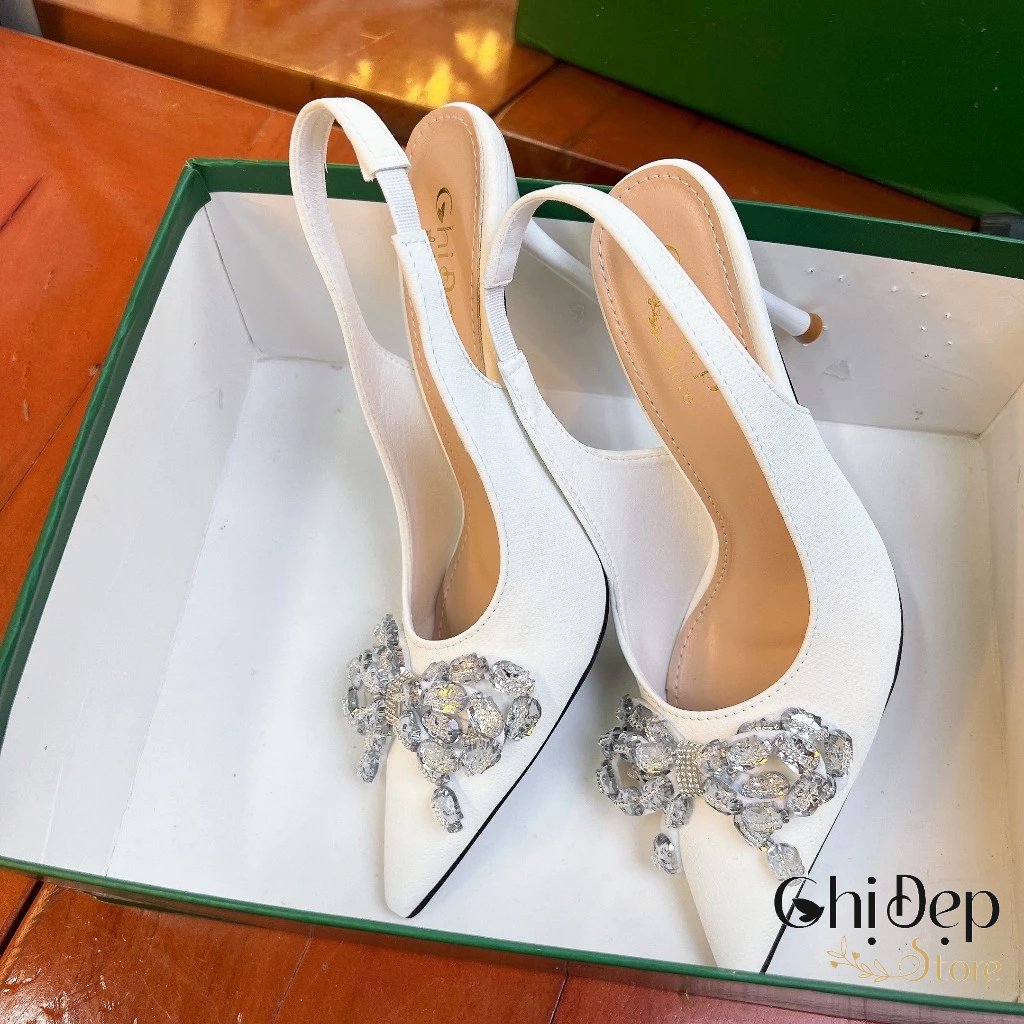 Giày Sandal Hở Gót Bít Mũi Trơn In Vân Nổi 3D ĐÍNH NƠ Gót Nhọn 9cm, Sandal Nữ Cao Gót 9 Phân Mã U61