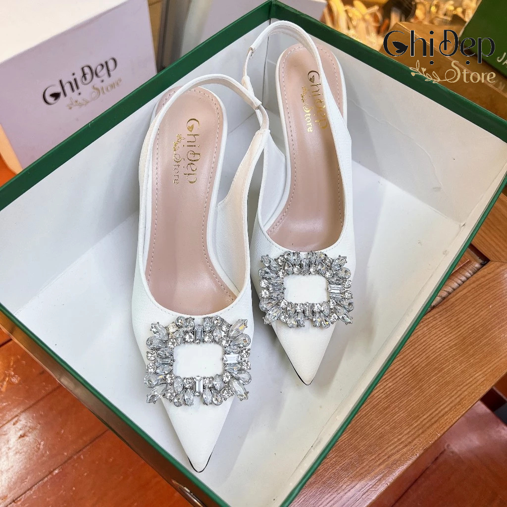Giày Sandal Hở Gót Bít Mũi Trơn In Vân Nổi 3D Đính Đá Vuông Gót Nhọn 9cm, Sandal Nữ Cao Gót 9 Phân Mã U59