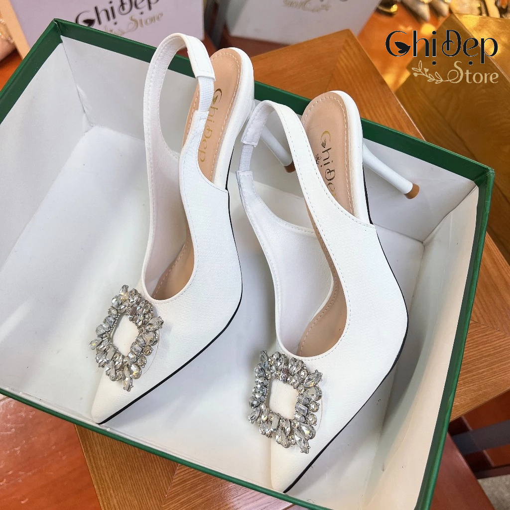 Giày Sandal Hở Gót Bít Mũi Trơn In Vân Nổi 3D Đính Đá Vuông Gót Nhọn 9cm, Sandal Nữ Cao Gót 9 Phân Mã U59