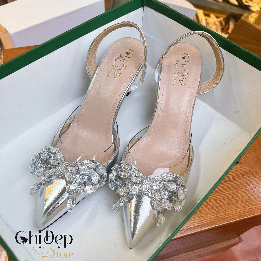 Giày Cao Gót Bít Mũi Phủ Bạc Mika Đính Nơ Đá 7cm, Sandal Nữ Cao Gót 7 Phân Chị Đẹp Store Mã CD124