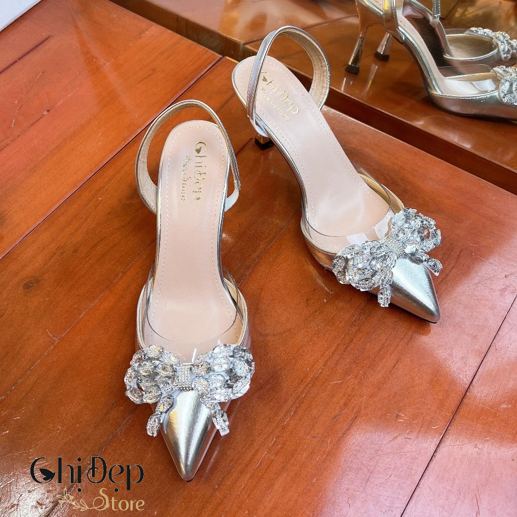 Giày Cao Gót Bít Mũi Phủ Bạc Mika Đính Nơ Đá 7cm, Sandal Nữ Cao Gót 7 Phân Chị Đẹp Store Mã CD124
