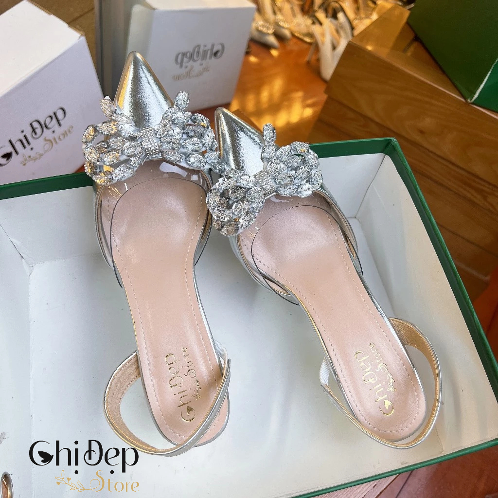 Giày Cao Gót Bít Mũi Phủ Bạc Mika Đính Nơ Đá 7cm, Sandal Nữ Cao Gót 7 Phân Chị Đẹp Store Mã CD124