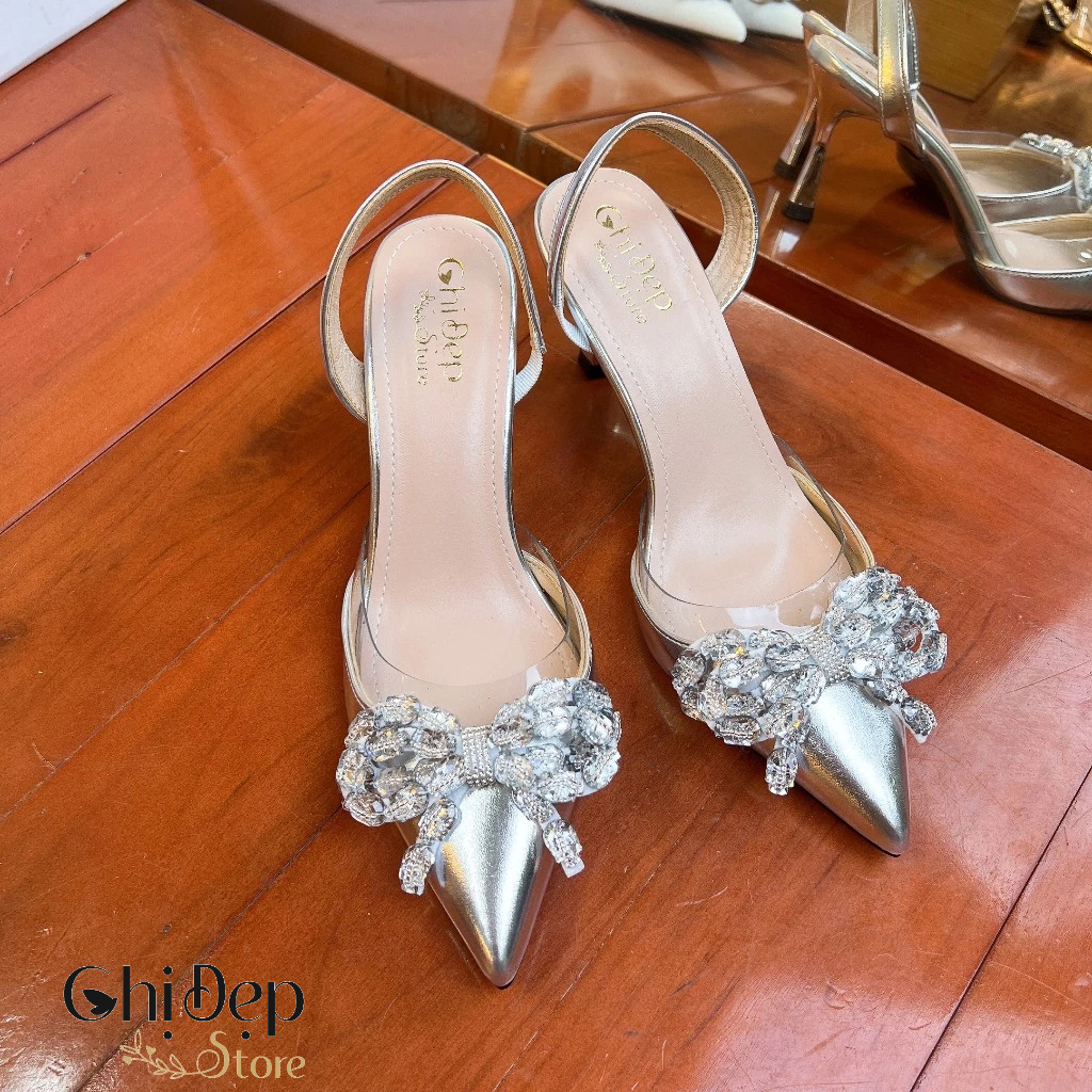 Giày Cao Gót Bít Mũi Phủ Bạc Mika Đính Nơ Đá 7cm, Sandal Nữ Cao Gót 7 Phân Chị Đẹp Store Mã CD124