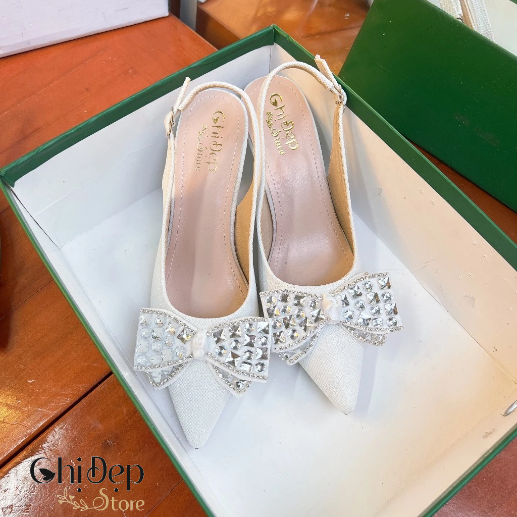 Giày Sandal Mũi Nhọn Hiệu Ứng 3D Kim Tuyến Ẩn Đính Nơ Đá hạt Gót nhọn 7 phân mã CD123