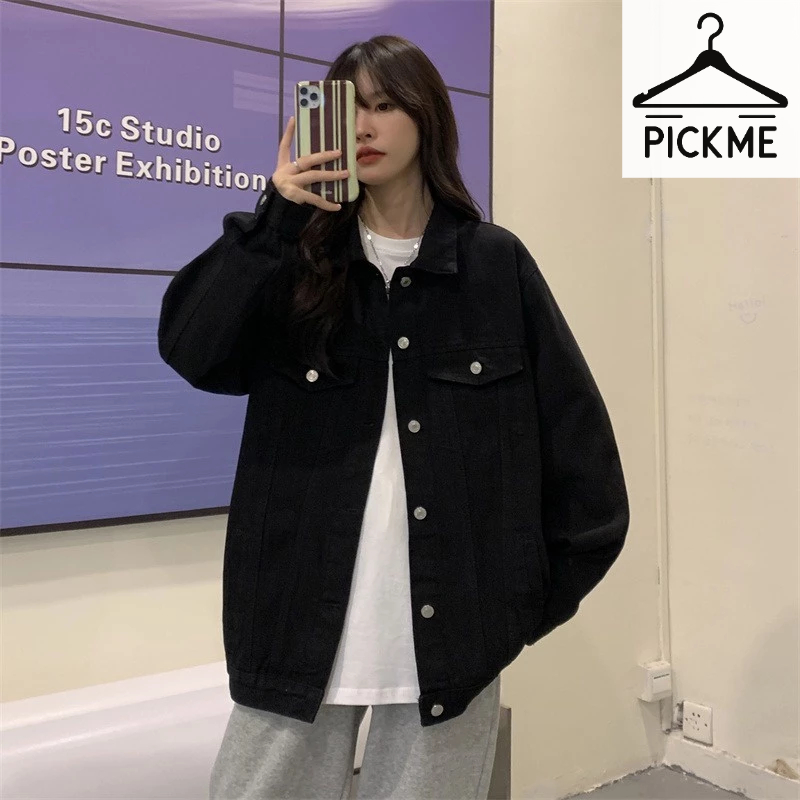 Áo khoác Jean phong cách Street Style Unisex đen có đính đá chữ màu trắng balen