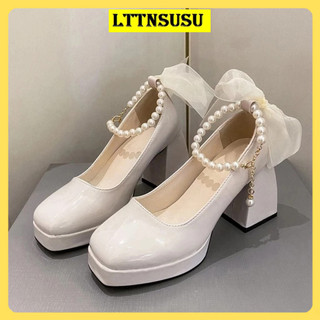 Giày lolita đúp gót 10p thắt nơ vòng ngọc cao cấp