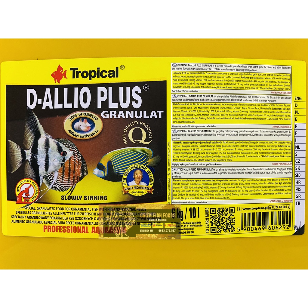 Thức ăn cho cá cao cấp hãng Tropical D-Allio chứa 30% tỏi hỗ trợ tiêu hoá và tăng cường hệ miễn dịch (100g-200g-300g