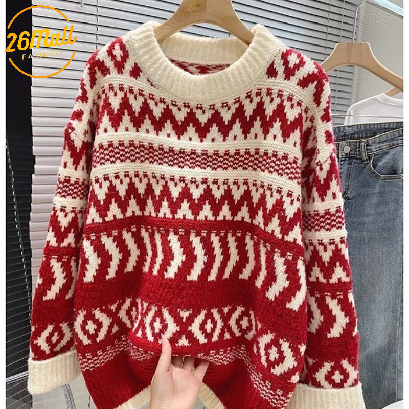 Áo Len Nữ Dài Tay - Thổ Cẩm Màu Đỏ Phối Trắng Free Size Mới Nhất Thu Đông 2023 - Hàng Loại 1 Quảng Châu SWT107