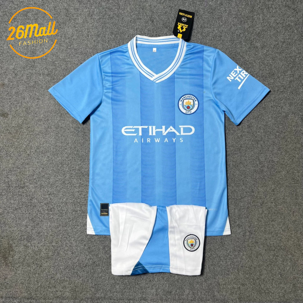 Bộ quần áo bóng đá trẻ em đội tuyển ManCity bản mới 2023 - Áo đá banh bé trai, bé gái vải mè thoáng khí