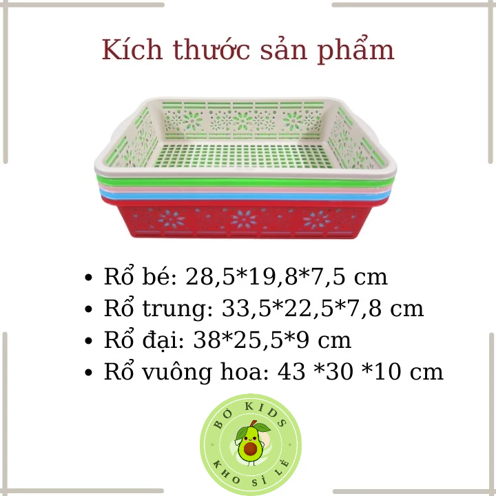 Rổ vuông hoa Việt Nhật 4 size (3455/3456/3457/3458), Khay chữ nhật đựng rau củ, đồ dùng học tập, văn phòng phẩm