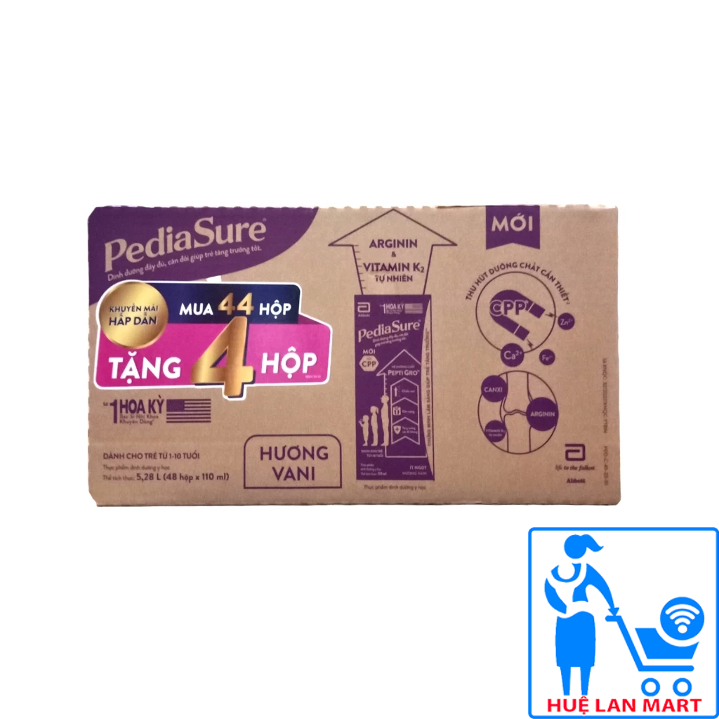 Thùng 48 hộp Sữa bột pha sẵn Abbott Pediasure ít ngọt hương vani 110ml