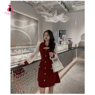 Váy nhung đỏ/đen cổ tròn khoét ngực, tay voan phối cúc, nắp túi giả. Váy nhung chữ A noel, tiệc, tết