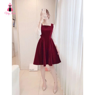 Váy nhung đỏ/đen Noel, Tết cổ vuông tay voan bồng 2 cúc, eo phối dây hạt ngọc (ảnh thật)