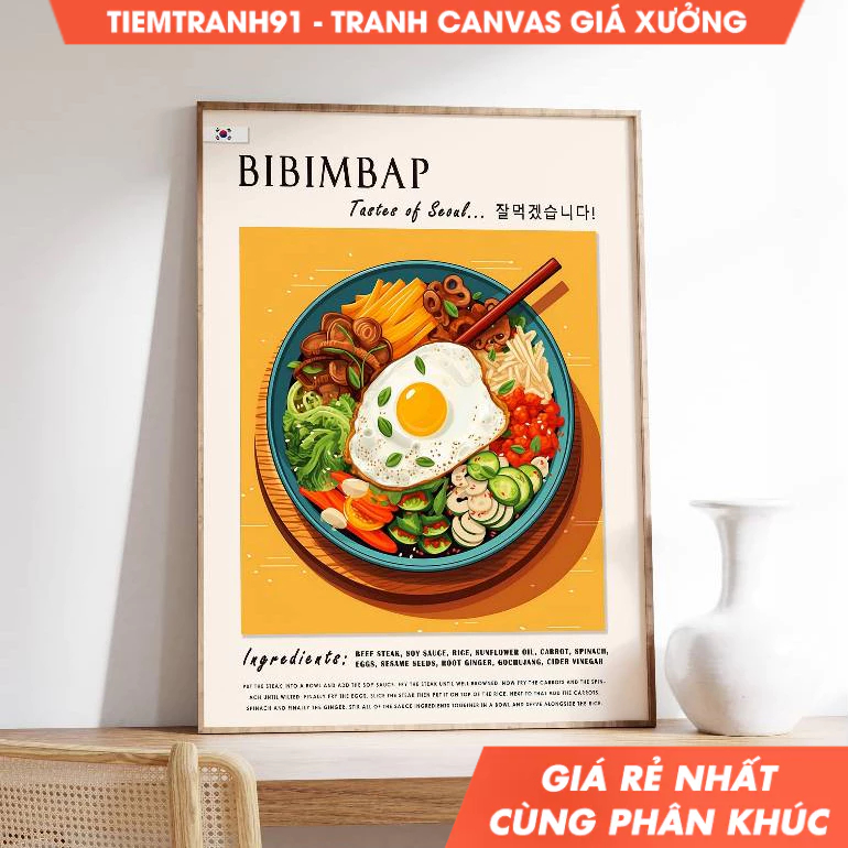 Tranh treo tường, Korean Bibimbap, South Korean Food, Kitchen Decor, tặng kèm đinh treo, in theo yêu
