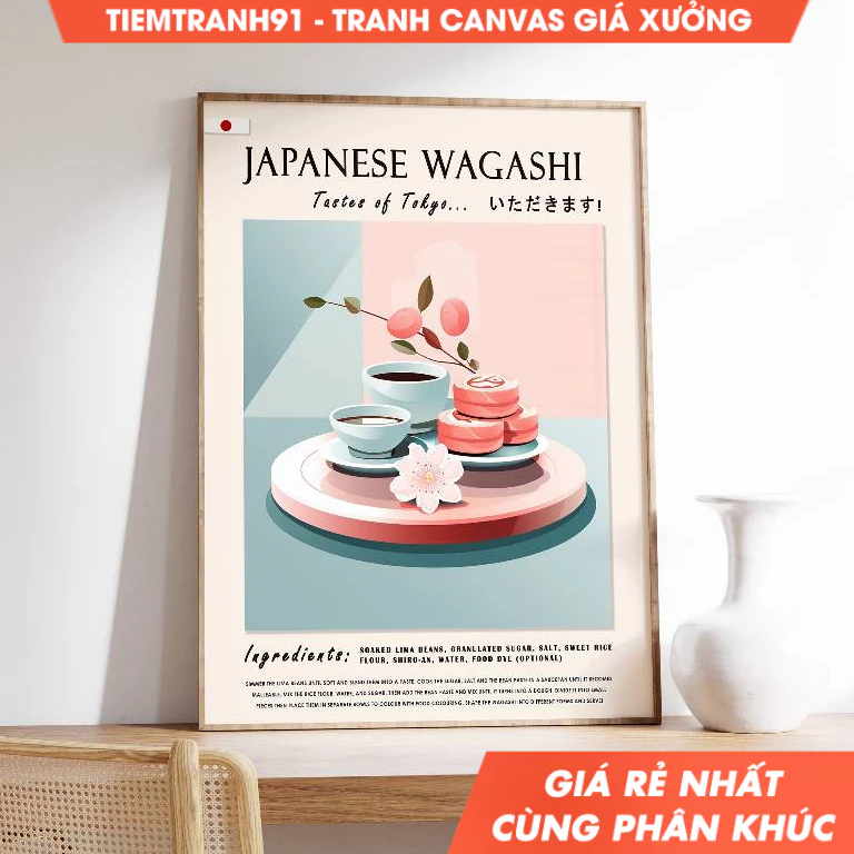 Tranh treo tường, Japanese Wagashi Poster, Asian Food Print, Asian Dessert Poster, Kitchen Decor,
