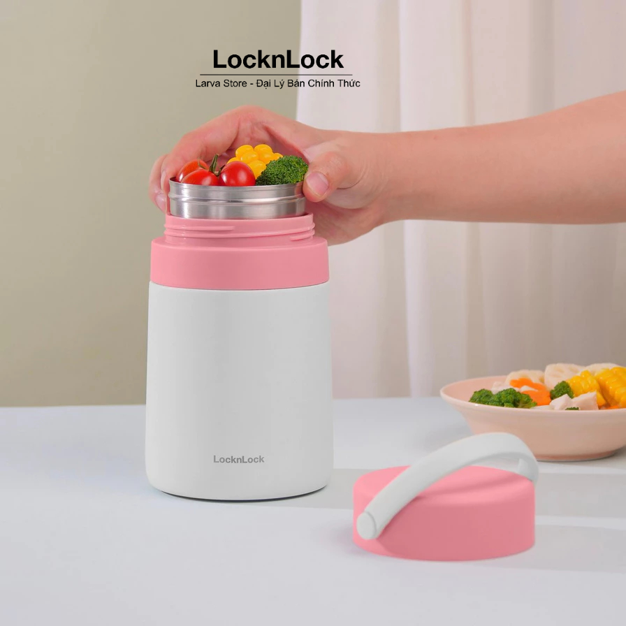 Hộp Cơm Giữ Nhiệt 2 Ngăn Kèm Muỗng Chính Hãng Lock&Lock Handle Food Jar 700ml - LHC8042