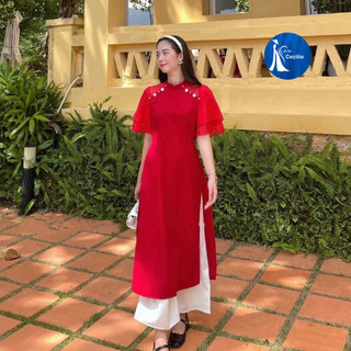 Áo dài cách tân, áo dài nữ lụa tây thi tay cánh tiên phối voan tơ đính hoa cao cấp