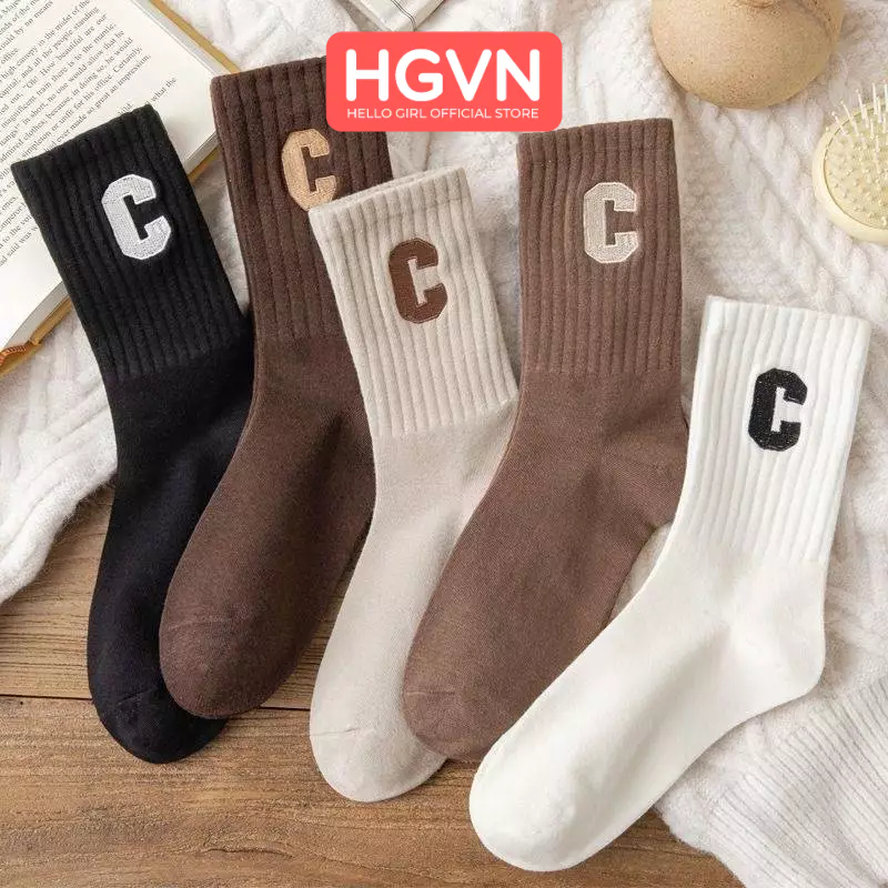 Tất Cổ Cao Nữ Họa Tiết Chữ C, Vỡ Cổ Cao Họa Tiết Chữ C Vải Cotton Mềm Mịn HGVN