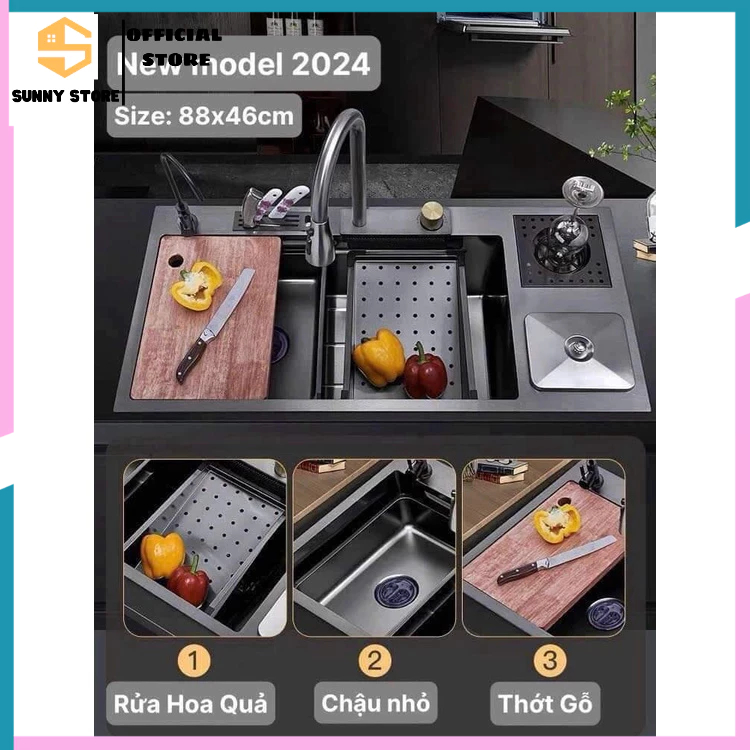 Chậu Rửa Chén 1 Hố Cao Cấp Phủ Nano, Bồn Rửa Bát 1 Ngăn Lớn Kèm Vòi Thác Nước, Vòi Nước Lọc, Vòi Rửa