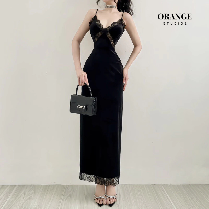 ( ORANGE STUDIOS ) HÌNH THẬT - Sẵn Hỏa Tốc - Marcus Dress - Đầm 2 Dây Thiết Kế Viền Ren Dáng Dài Chất Liệu Nhung Tôn Dán