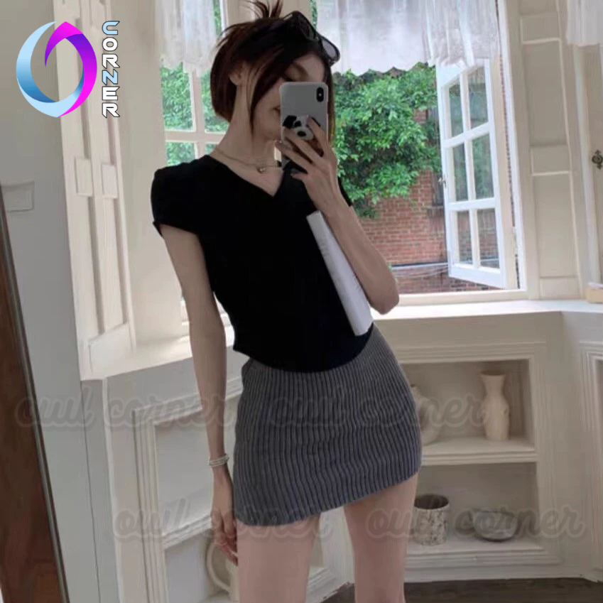 Áo Croptop CỔ TIM NHÚN SƯỜN TAY NGẮN Ôm Body Nữ, Áo Thun Crt Trơn Cổ V Kiểu Sexy Chất Gân Đẹp OWL CORNER