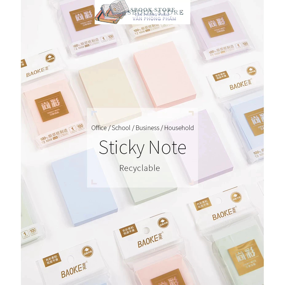 Giấy Note Ghi Chú Sticky Note 4 Màu Pastel BAOKE Nhiều Kich Thước - 100 Tờ