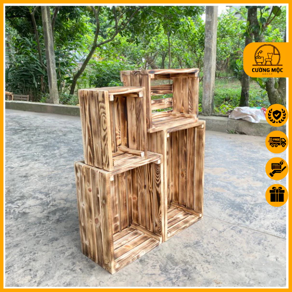 Thùng Gỗ Pallet Gỗ Thông Màu Khò Lửa, Hộp Gỗ Đa Năng, Độ Bền Cao Chống Mối Mọt, Dễ Dàng Decor Nhiều Vị Trí