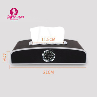 Hộp đựng khăn giấy bằng da kèm đồng hồ trang trí xe oto - hộp khăn giấy 3in1 bọc da mạ viền kim l