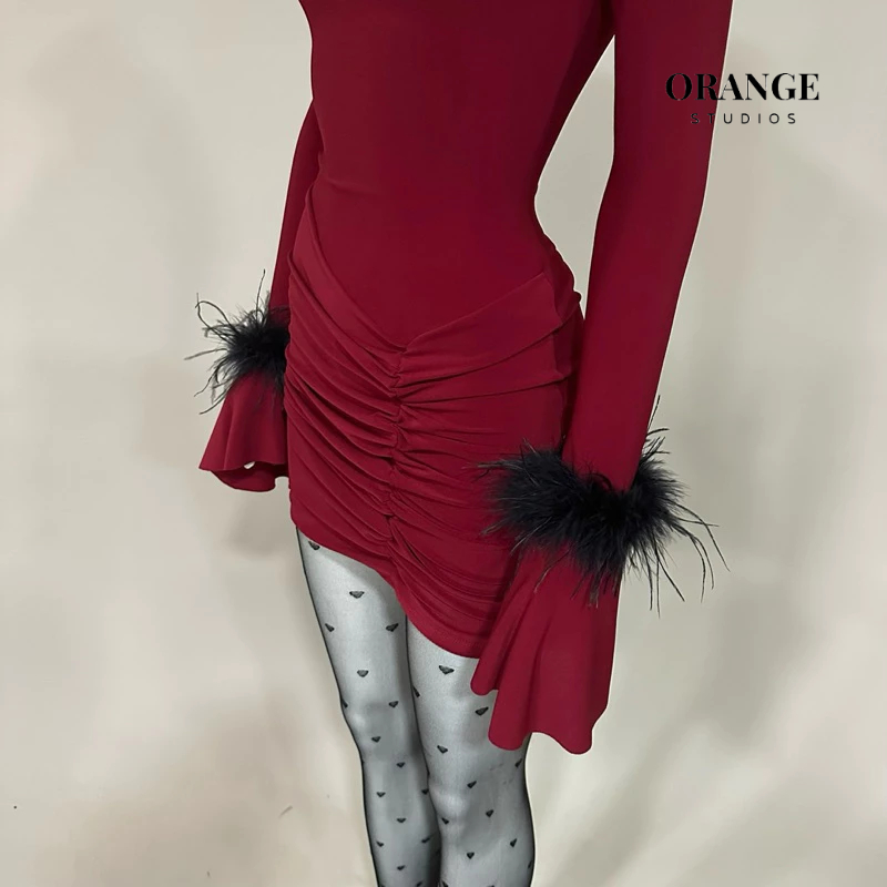 HÌNH THẬT - Mindy Dress - Đầm Thiết Kế Cổ Đính Đá Tay Dài Phối Lông