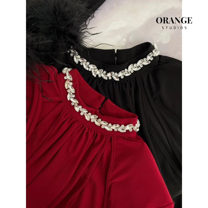 HÌNH THẬT - Mindy Dress - Đầm Thiết Kế Cổ Đính Đá Tay Dài Phối Lông