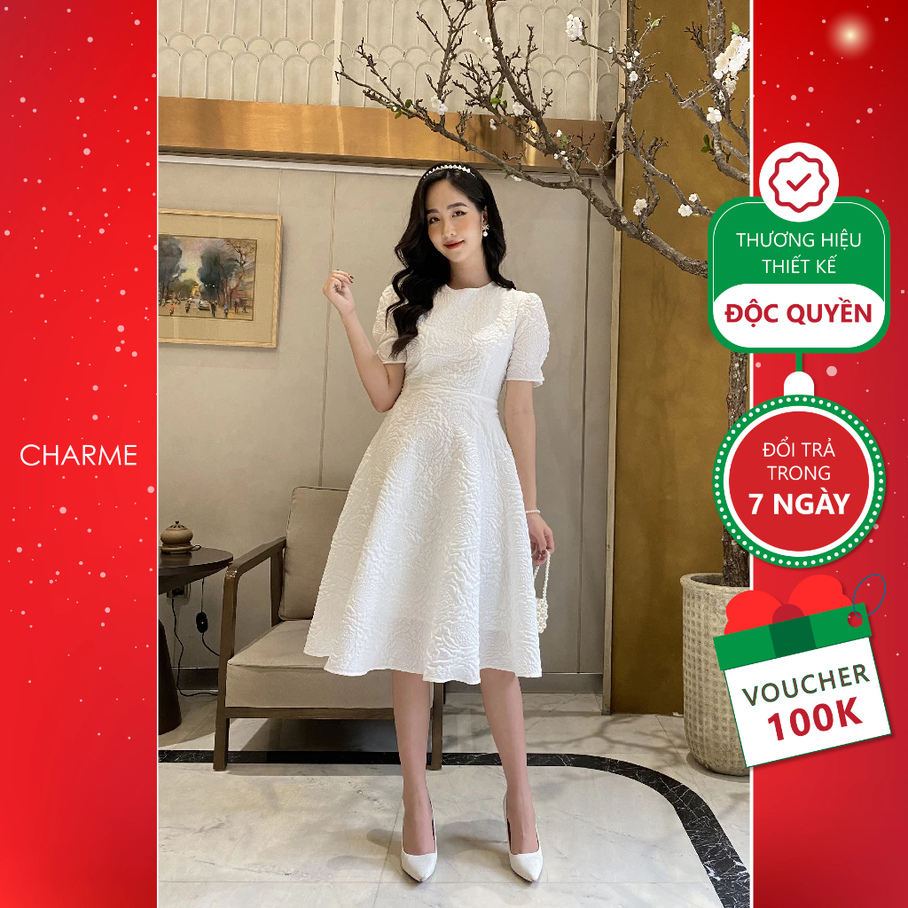 Váy nữ dáng xòe tay ngắn họa tiết hoa thiết kế Charme 201023