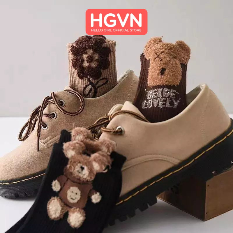 Tất vớ nữ đính hoa gấu chất vải thêu kiêu dáng hot HGVN cotton nguyên chất sợi lông vũ dài vửa phải thoáng khí đa năng