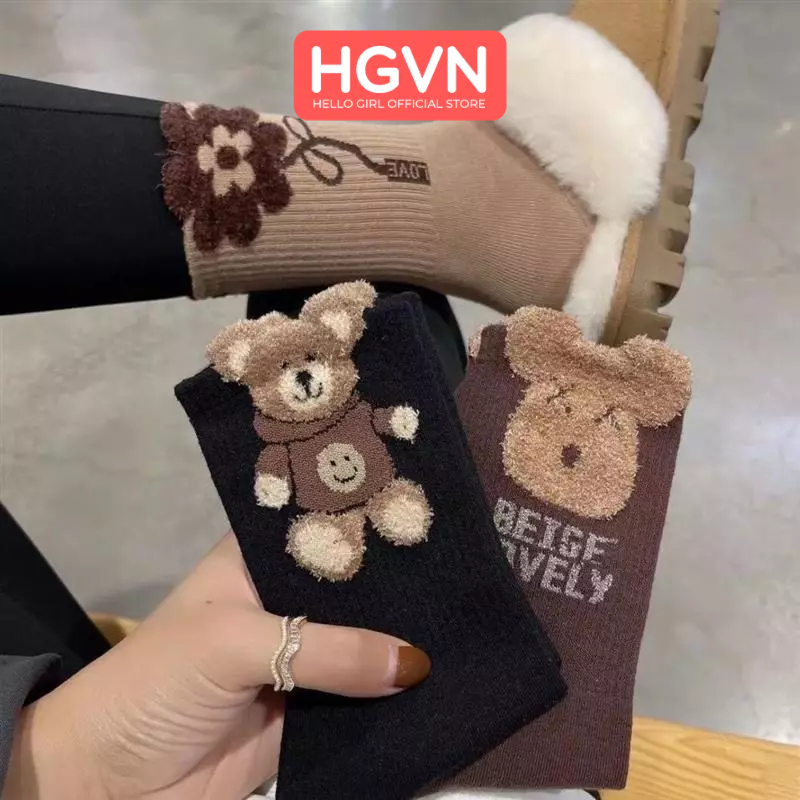 Tất vớ nữ đính hoa gấu chất vải thêu kiêu dáng hot HGVN cotton nguyên chất sợi lông vũ dài vửa phải thoáng khí đa năng
