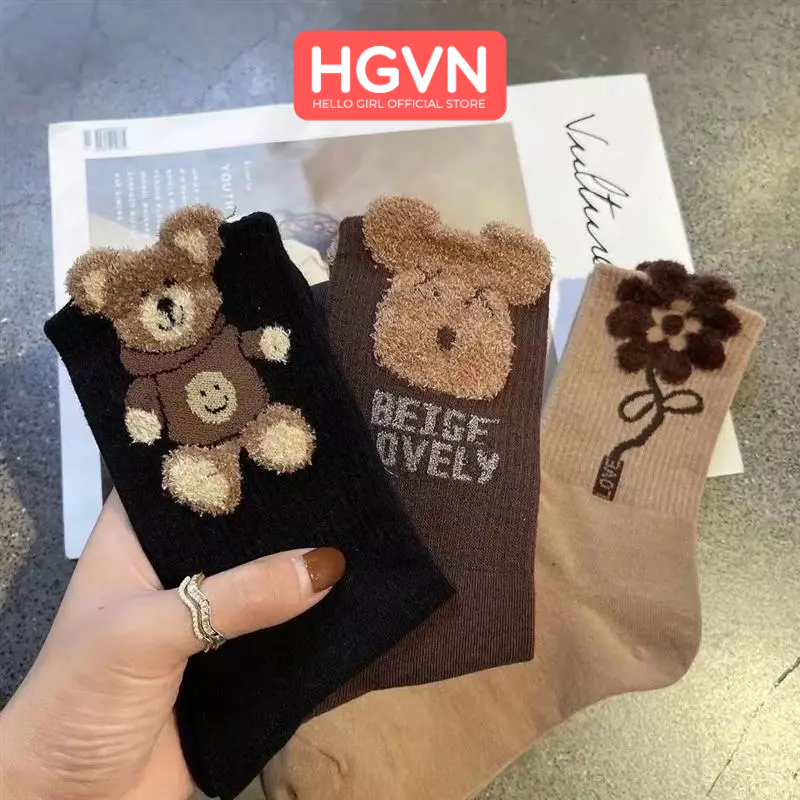 Tất vớ nữ đính hoa gấu chất vải thêu kiêu dáng hot HGVN cotton nguyên chất sợi lông vũ dài vửa phải thoáng khí đa năng
