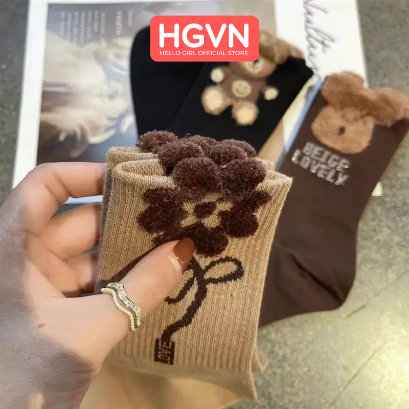 Tất vớ nữ đính hoa gấu chất vải thêu kiêu dáng hot HGVN cotton nguyên chất sợi lông vũ dài vửa phải thoáng khí đa năng