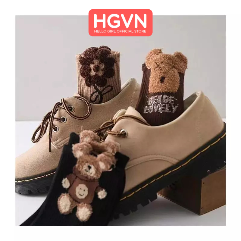 Tất vớ nữ đính hoa gấu chất vải thêu kiêu dáng hot HGVN cotton nguyên chất sợi lông vũ dài vửa phải thoáng khí đa năng