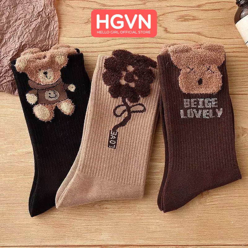 Tất vớ nữ đính hoa gấu chất vải thêu kiêu dáng hot HGVN cotton nguyên chất sợi lông vũ dài vửa phải thoáng khí đa năng
