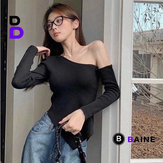 Áo BABY TEE VẠT CHÉO HỞ CỔ DÁNG DÀI Ôm Body Chất Thun Gân Dày, Áo tay dài kiểu nữ mềm mát BAINE