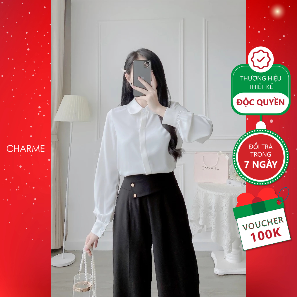 Áo sơ mi nữ dài tay cổ sen chất lụa nhật charme 308067