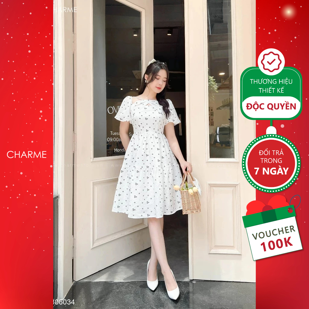 Váy cổ yếm chéo nhún ly chất liệu tằm óng cao cấp Charme 306034