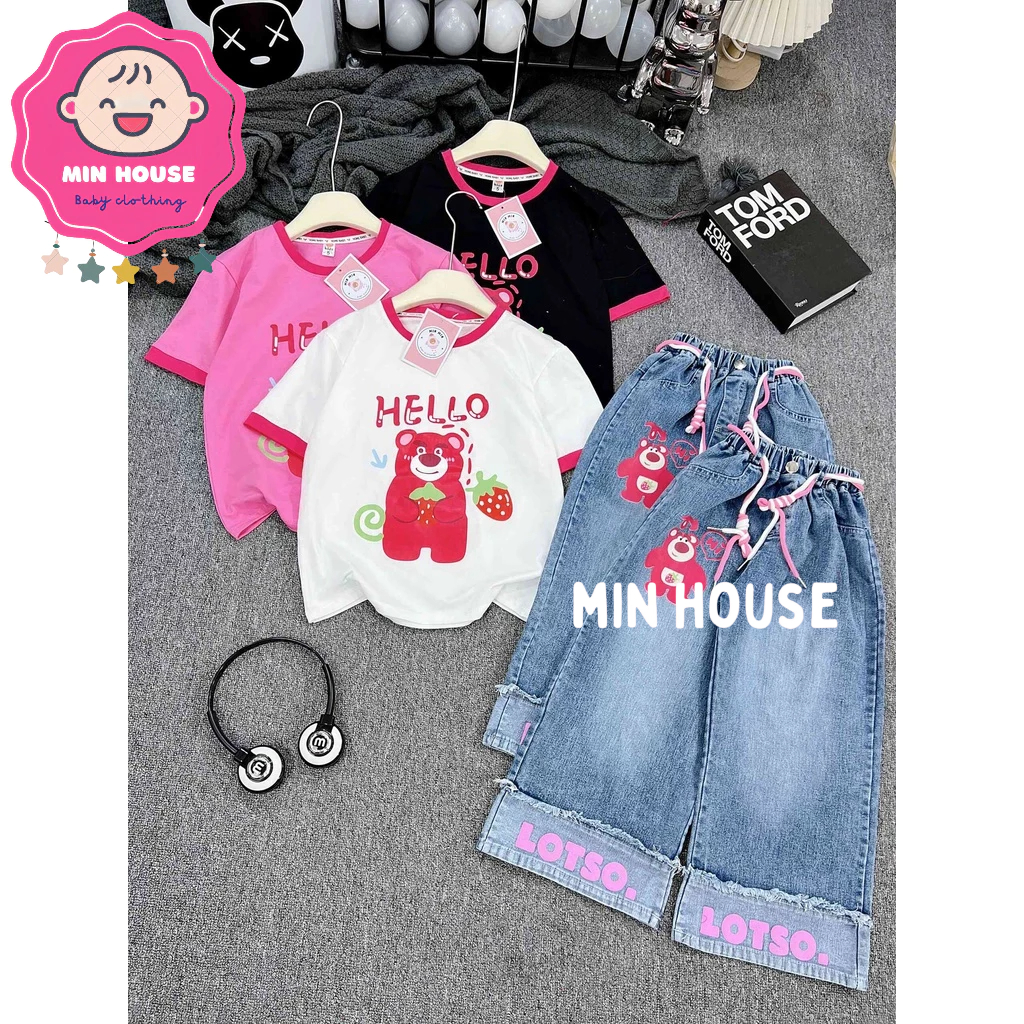 Set áo thun cotton gấu dâu phối quần jean TUA RUA cho bé gái
