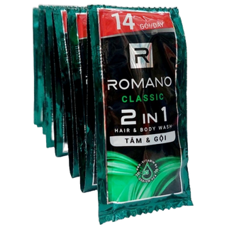 Dây Tắm gội nước hoa Romano Classic tóc chắc khoẻ sạch sảng khoái 14 gói x5ml