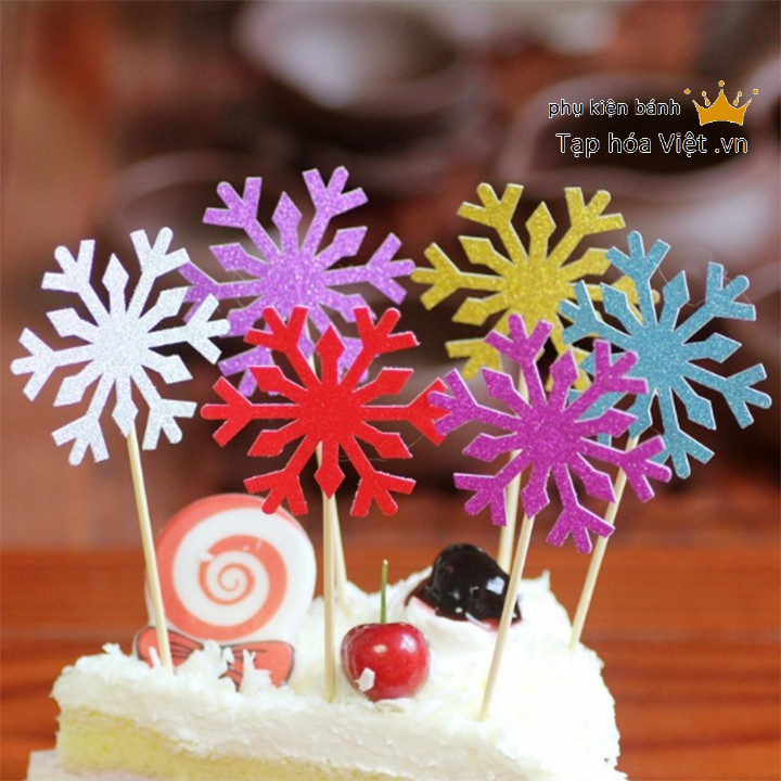 Túi 10 topper bông tuyết nhũ cắm bánh, bông tuyết trang trí bánh