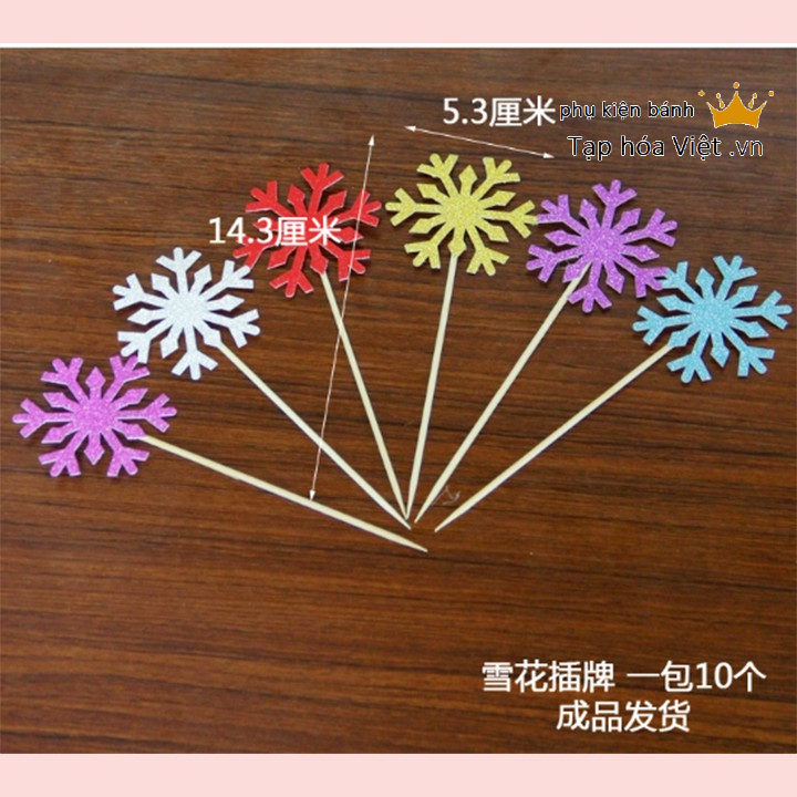 Túi 10 topper bông tuyết nhũ cắm bánh, bông tuyết trang trí bánh