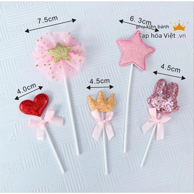 Bộ 5 món tai thỏ vương miện tim sao trang trí bánh sinh nhật, topper cake
