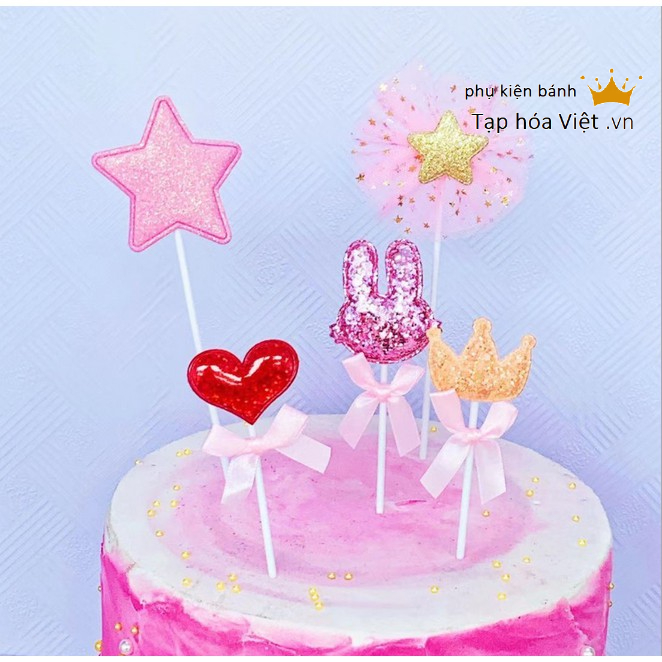 Bộ 5 món tai thỏ vương miện tim sao trang trí bánh sinh nhật, topper cake