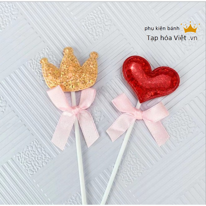 Bộ 5 món tai thỏ vương miện tim sao trang trí bánh sinh nhật, topper cake